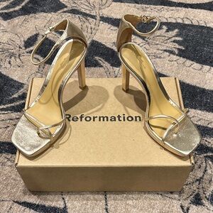 Reformation Metallic Gold Ankle Strap Heels